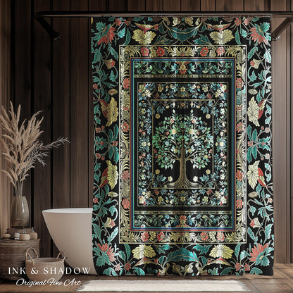 Dark Gothic Pastel Tree of Life Shower Curtain | Ornate Floral Border Whimsical Botanical Pattern Folk Garden Style Classic Bathroom Accent