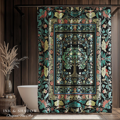 Dark Gothic Pastel Tree of Life Shower Curtain | Ornate Floral Border Whimsical Botanical Pattern Folk Garden Style Classic Bathroom Accent