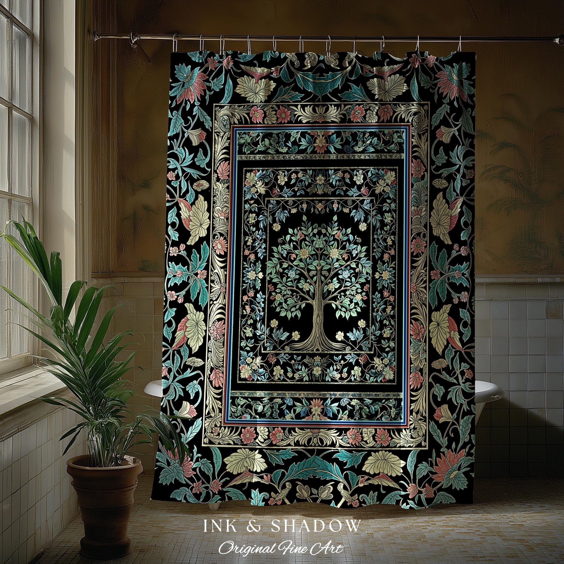 Dark Gothic Pastel Tree of Life Shower Curtain | Ornate Floral Border Whimsical Botanical Pattern Folk Garden Style Classic Bathroom Accent