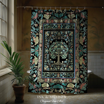 Dark Gothic Pastel Tree of Life Shower Curtain | Ornate Floral Border Whimsical Botanical Pattern Folk Garden Style Classic Bathroom Accent