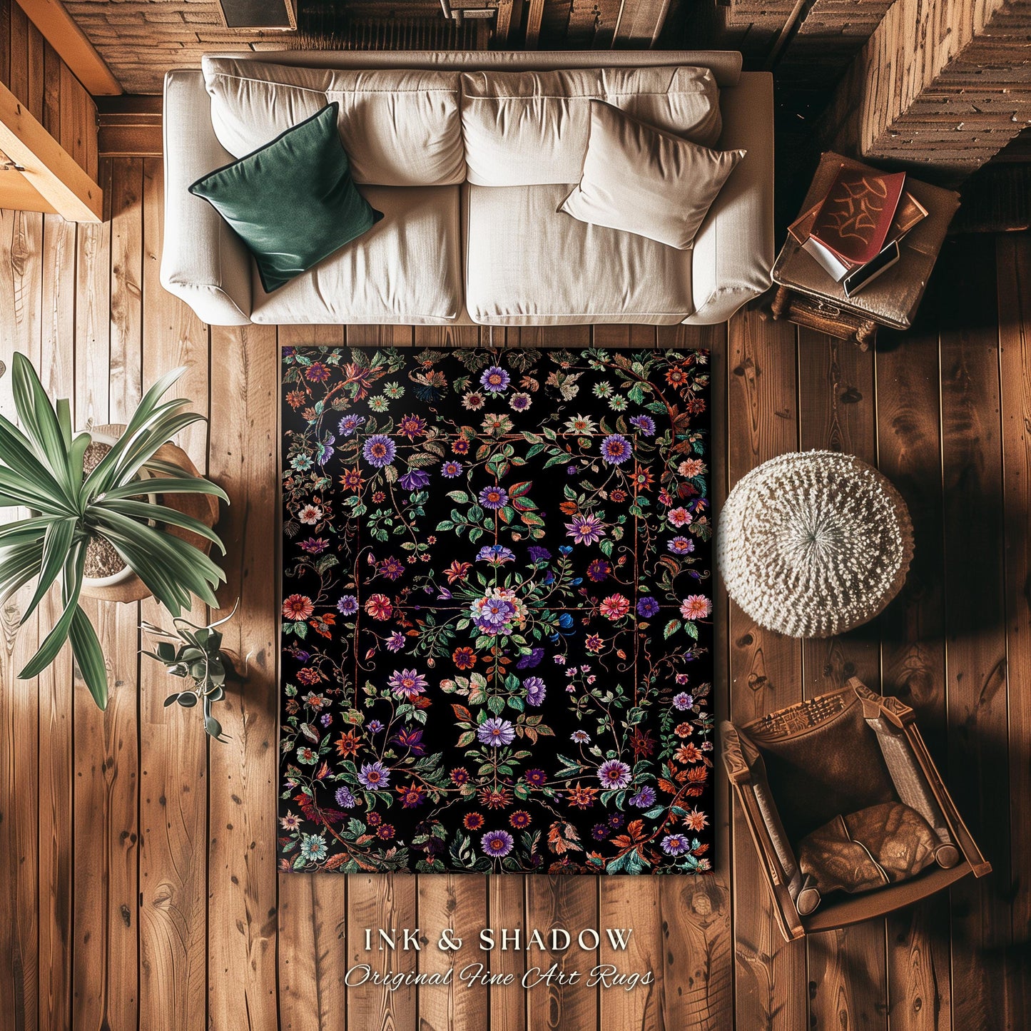Jewel Tones Vintage Dark Academia Wildflower Rug | Floral Aesthetic Ornate Gothic Home Decor Whimsical Rustic Housewarming Gift Ethereal