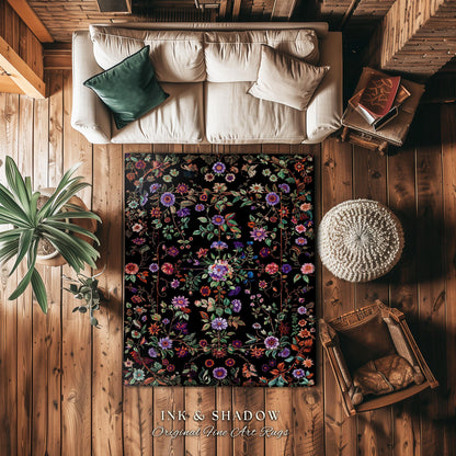 Jewel Tones Vintage Dark Academia Wildflower Rug | Floral Aesthetic Ornate Gothic Home Decor Whimsical Rustic Housewarming Gift Ethereal