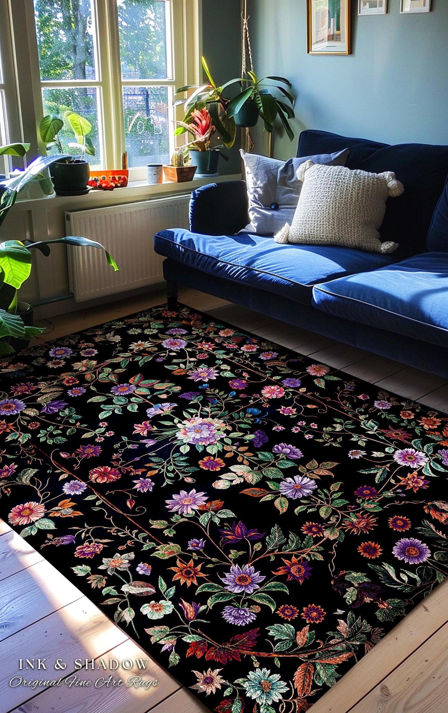 Jewel Tones Vintage Dark Academia Wildflower Rug | Floral Aesthetic Ornate Gothic Home Decor Whimsical Rustic Housewarming Gift Ethereal