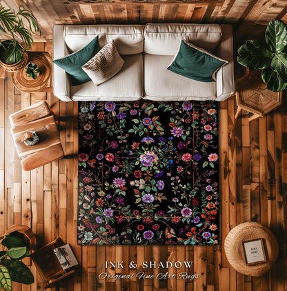 Jewel Tones Vintage Dark Academia Wildflower Rug | Floral Aesthetic Ornate Gothic Home Decor Whimsical Rustic Housewarming Gift Ethereal