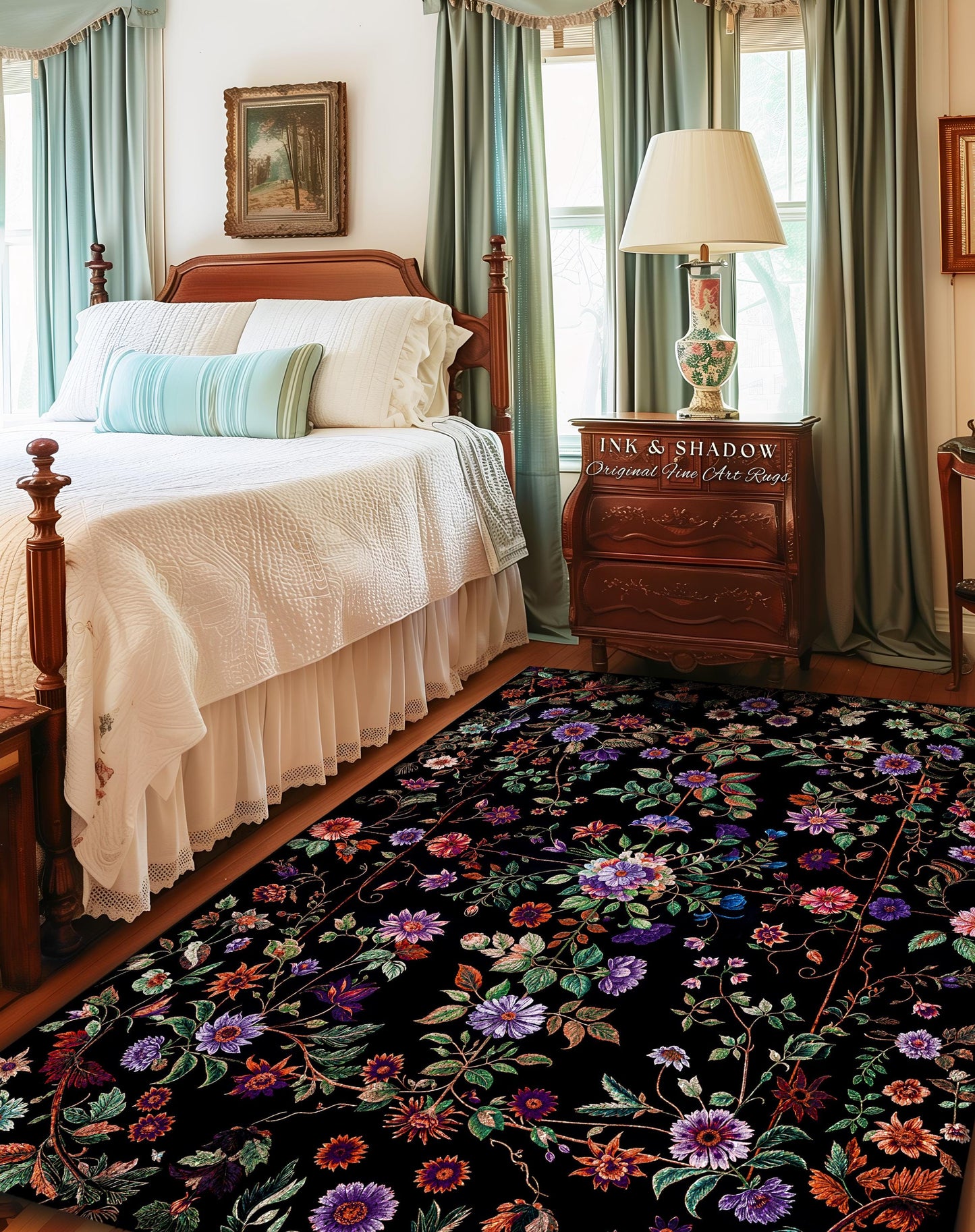 Jewel Tones Vintage Dark Academia Wildflower Rug | Floral Aesthetic Ornate Gothic Home Decor Whimsical Rustic Housewarming Gift Ethereal