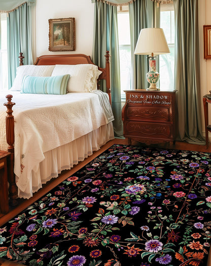 Jewel Tones Vintage Dark Academia Wildflower Rug | Floral Aesthetic Ornate Gothic Home Decor Whimsical Rustic Housewarming Gift Ethereal