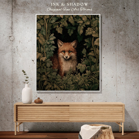 May include: A framed print of a red fox peeking out from behind green foliage. The print is titled 'Ink & Shadow Original Fine Art Throws'.