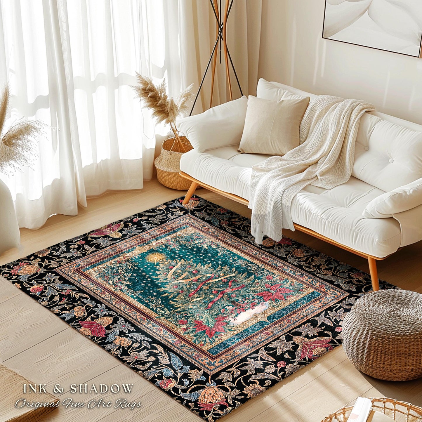 Gothic Floral Xmas Tree Blanket | Festive Baroque Style Woven Tapestry Vintage Holiday Decor Cozy Winter Aesthetic Heirloom Rustic Christmas