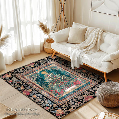 Gothic Floral Xmas Tree Blanket | Festive Baroque Style Woven Tapestry Vintage Holiday Decor Cozy Winter Aesthetic Heirloom Rustic Christmas