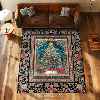 Gothic Floral Xmas Tree Blanket | Festive Baroque Style Woven Tapestry Vintage Holiday Decor Cozy Winter Aesthetic Heirloom Rustic Christmas
