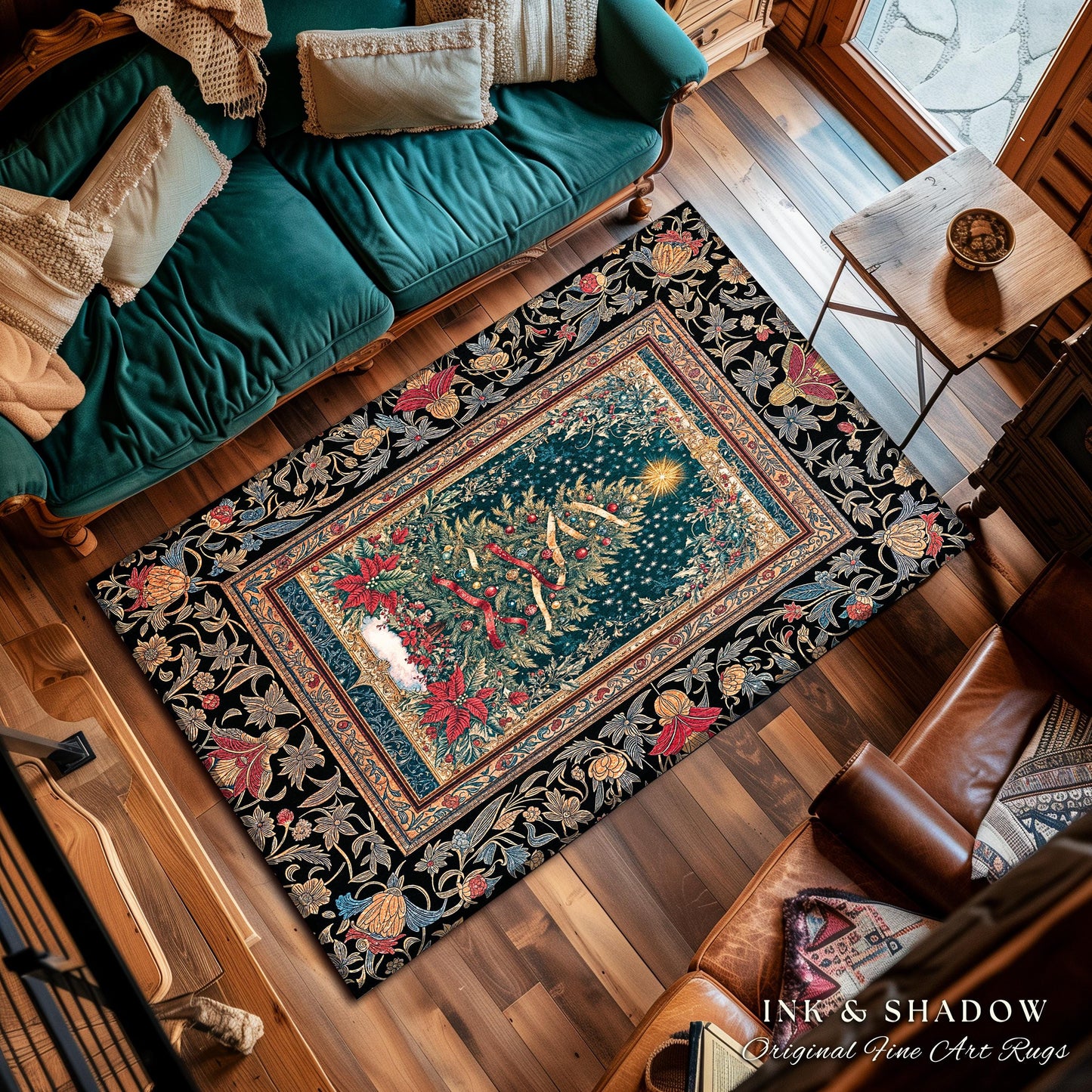 Gothic Floral Xmas Tree Blanket | Festive Baroque Style Woven Tapestry Vintage Holiday Decor Cozy Winter Aesthetic Heirloom Rustic Christmas