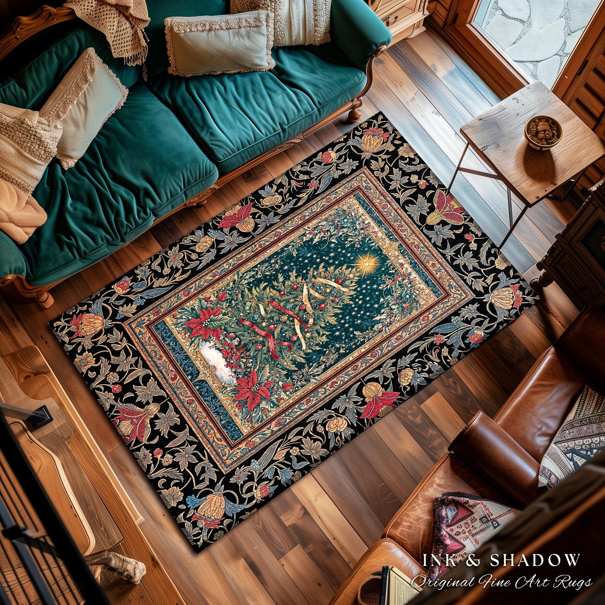 Gothic Floral Xmas Tree Blanket | Festive Baroque Style Woven Tapestry Vintage Holiday Decor Cozy Winter Aesthetic Heirloom Rustic Christmas