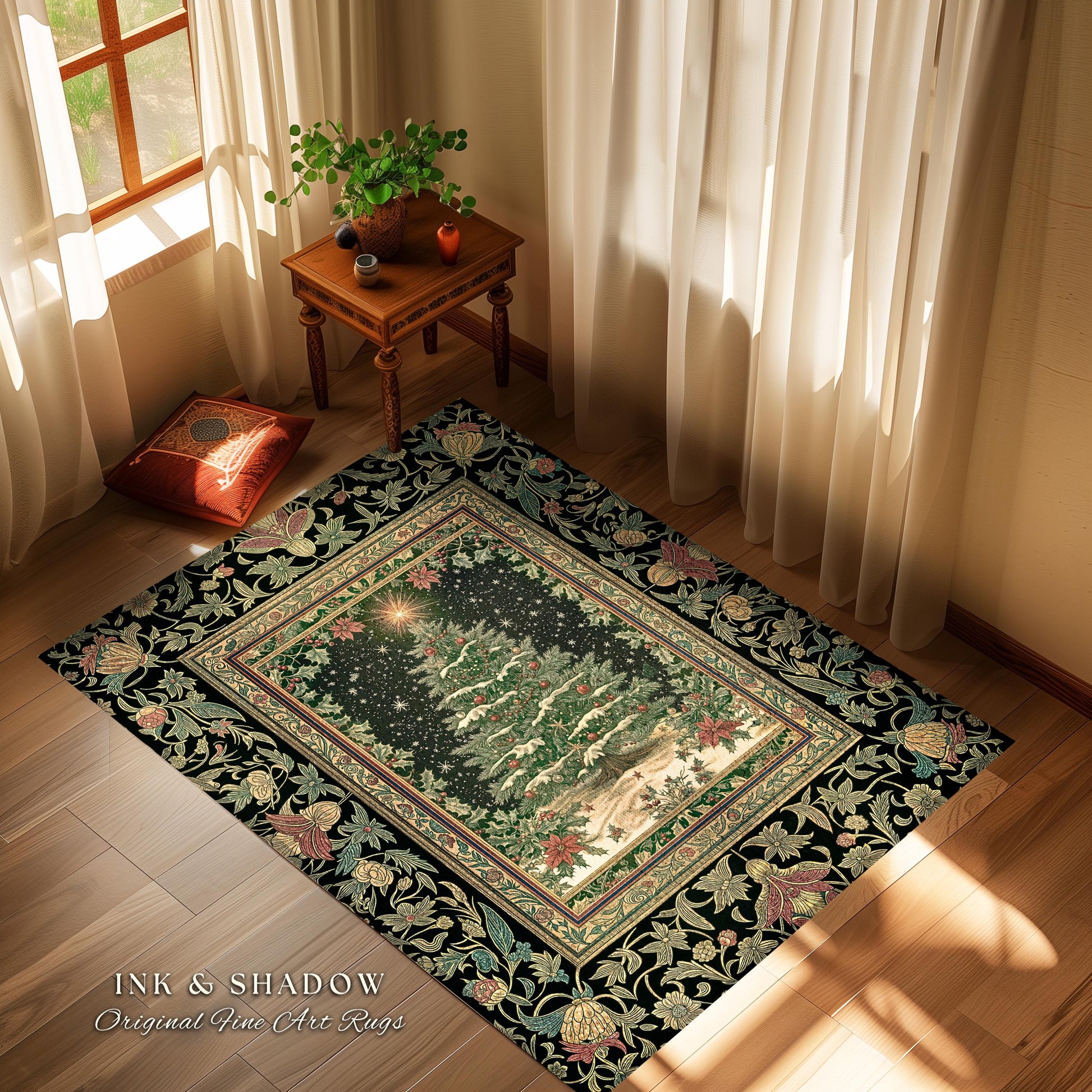 Sage Green Xmas Tree Rug | Cozy Winter Vintage Floor Art Victorian Style Festive Floral Decor Poinsettia Cottagecore Christmas Aesthetic