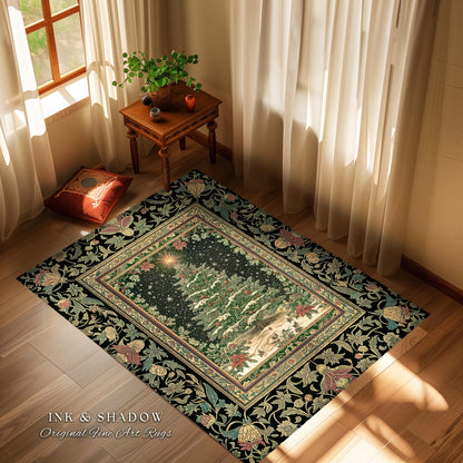 Sage Green Xmas Tree Rug | Cozy Winter Vintage Floor Art Victorian Style Festive Floral Decor Poinsettia Cottagecore Christmas Aesthetic