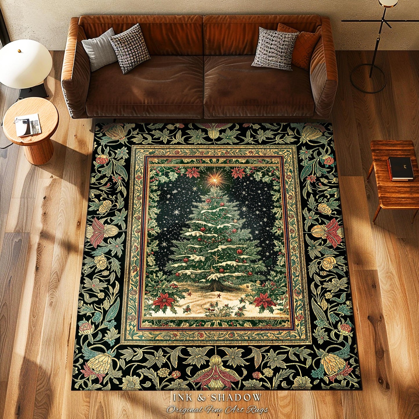 Sage Green Xmas Tree Rug | Cozy Winter Vintage Floor Art Victorian Style Festive Floral Decor Poinsettia Cottagecore Christmas Aesthetic