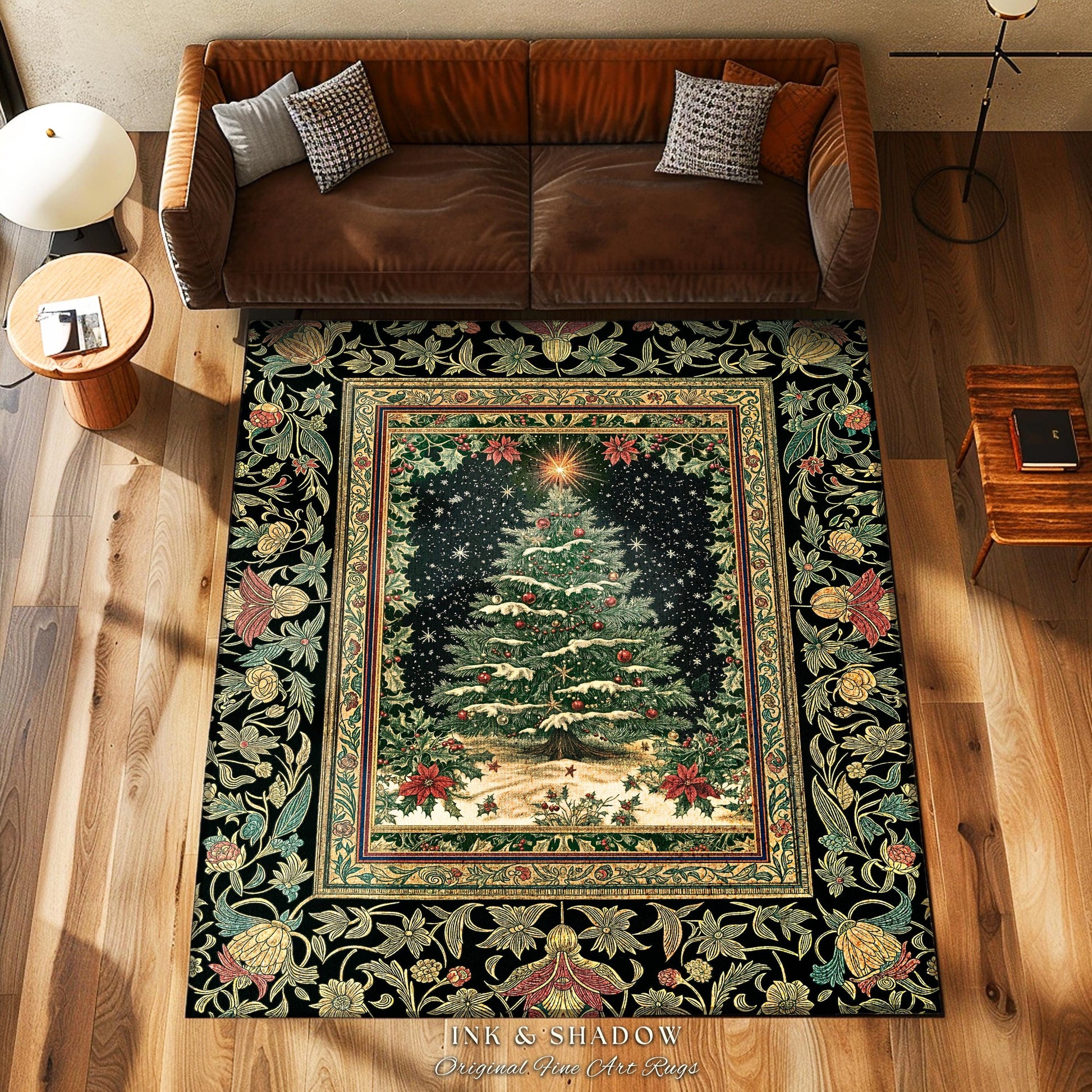 Sage Green Xmas Tree Rug | Cozy Winter Vintage Floor Art Victorian Style Festive Floral Decor Poinsettia Cottagecore Christmas Aesthetic