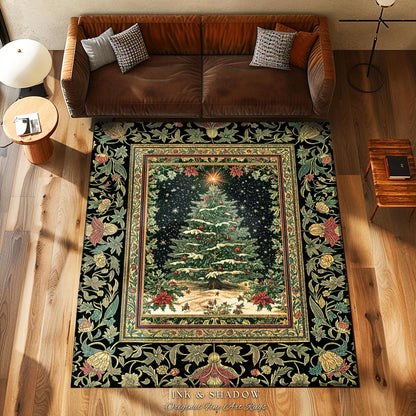Sage Green Xmas Tree Rug | Cozy Winter Vintage Floor Art Victorian Style Festive Floral Decor Poinsettia Cottagecore Christmas Aesthetic
