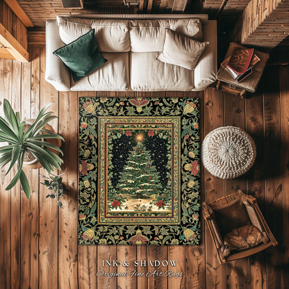 Sage Green Xmas Tree Rug | Cozy Winter Vintage Floor Art Victorian Style Festive Floral Decor Poinsettia Cottagecore Christmas Aesthetic
