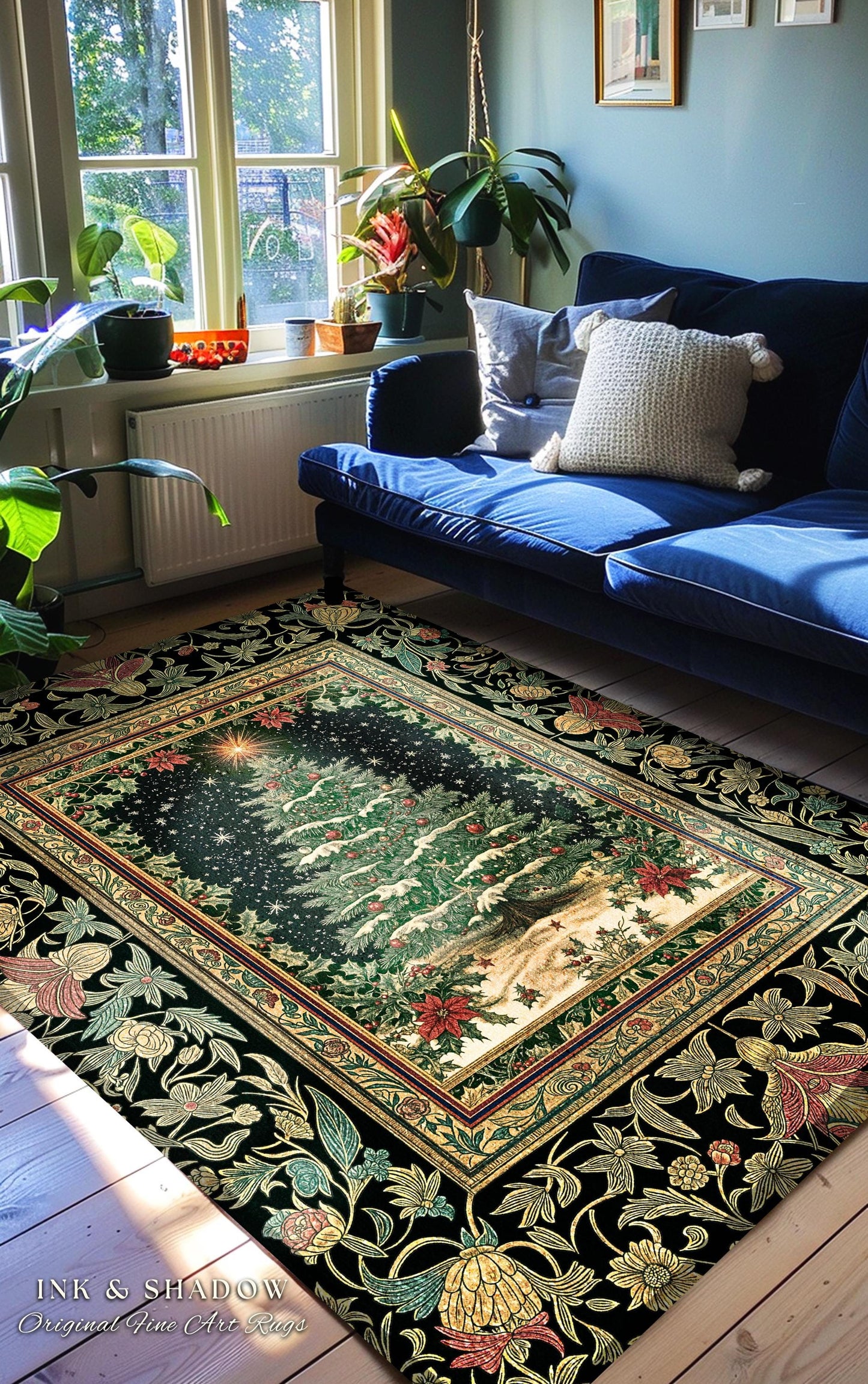 Sage Green Xmas Tree Rug | Cozy Winter Vintage Floor Art Victorian Style Festive Floral Decor Poinsettia Cottagecore Christmas Aesthetic