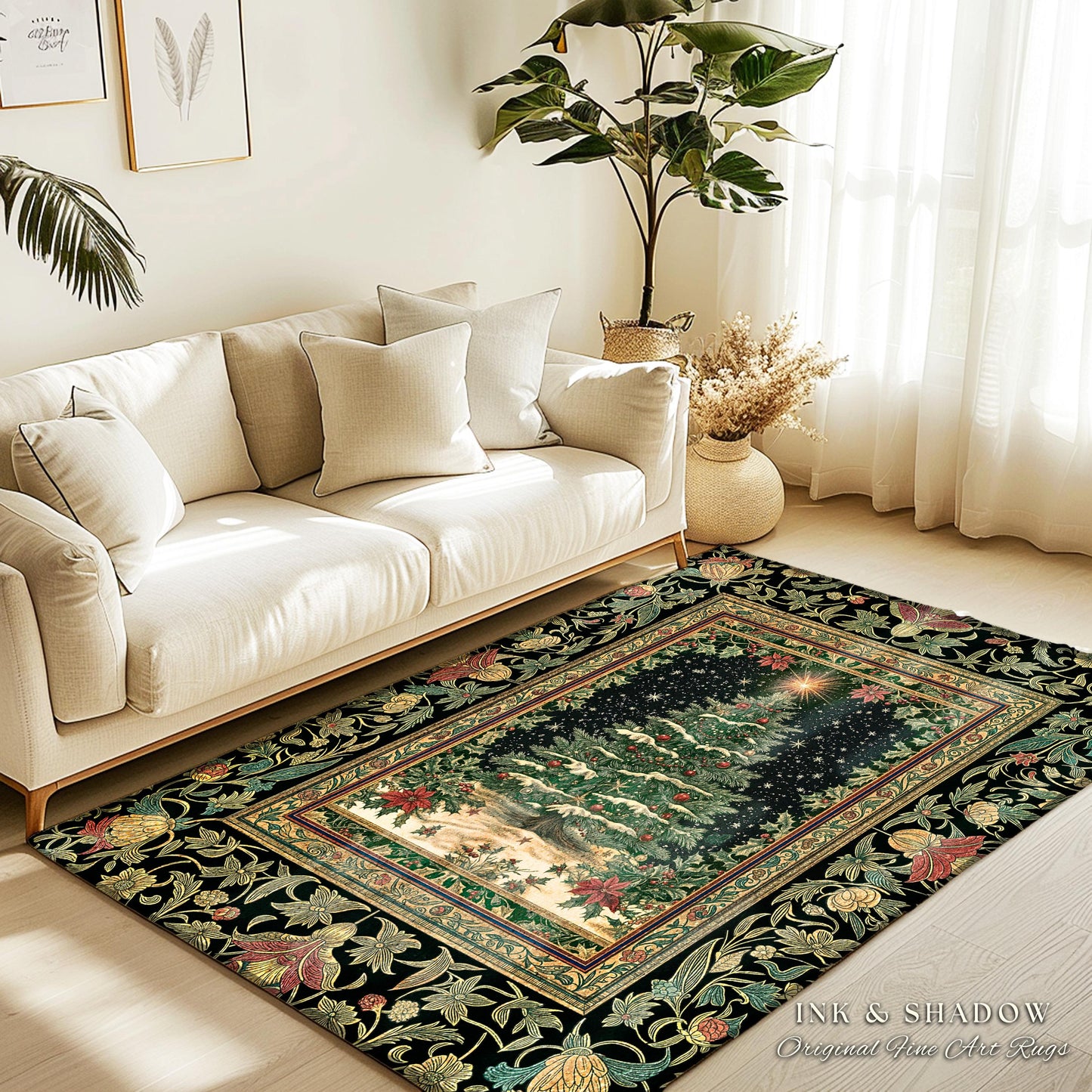 Sage Green Xmas Tree Rug | Cozy Winter Vintage Floor Art Victorian Style Festive Floral Decor Poinsettia Cottagecore Christmas Aesthetic