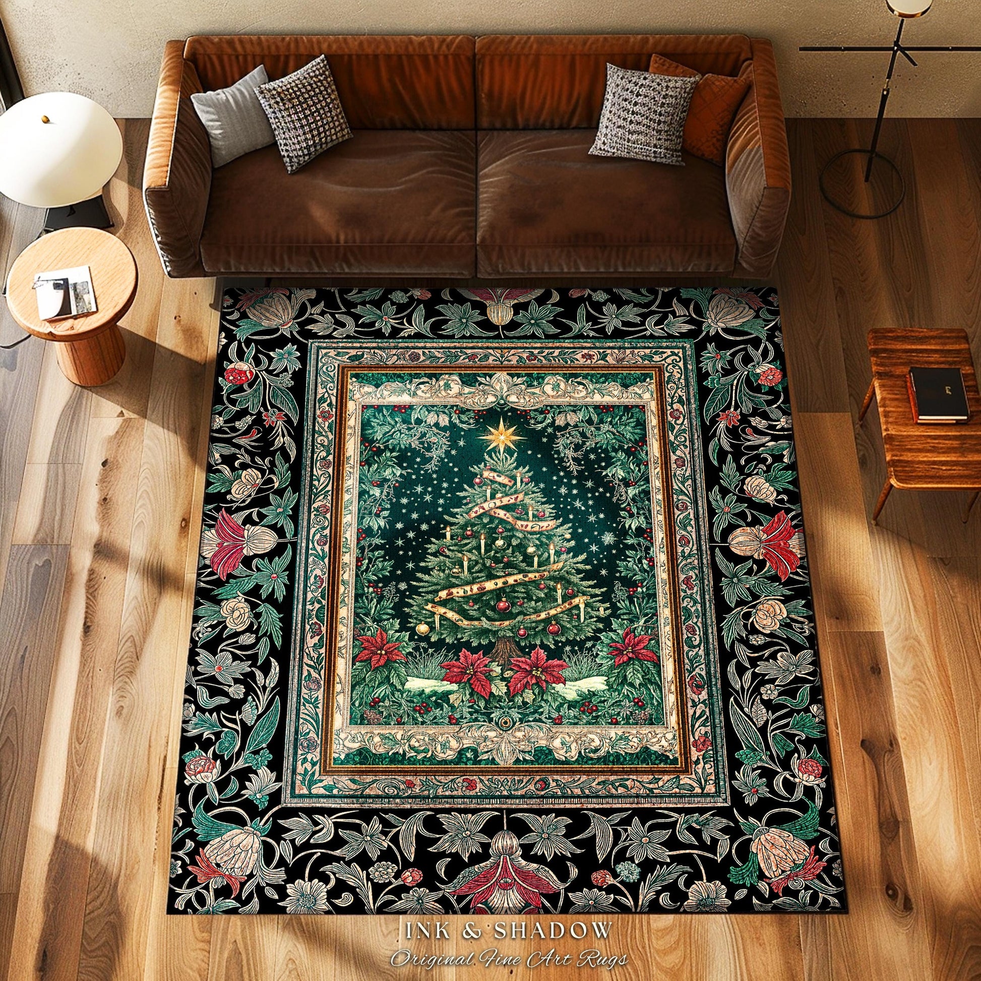 Rustic Festive Holiday Rug | Victorian Style Christmas Tree Floor Art Cozy Festive Decor Cottagecore Winter Floral Border Heirloom Accent