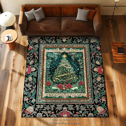 Rustic Festive Holiday Rug | Victorian Style Christmas Tree Floor Art Cozy Festive Decor Cottagecore Winter Floral Border Heirloom Accent