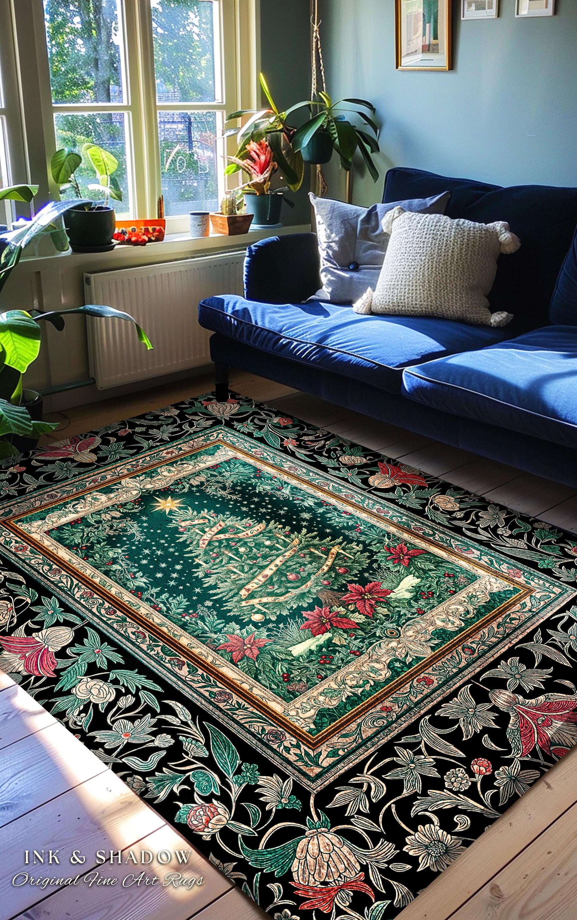 Rustic Festive Holiday Rug | Victorian Style Christmas Tree Floor Art Cozy Festive Decor Cottagecore Winter Floral Border Heirloom Accent