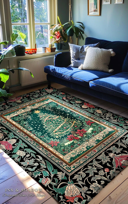 Rustic Festive Holiday Rug | Victorian Style Christmas Tree Floor Art Cozy Festive Decor Cottagecore Winter Floral Border Heirloom Accent