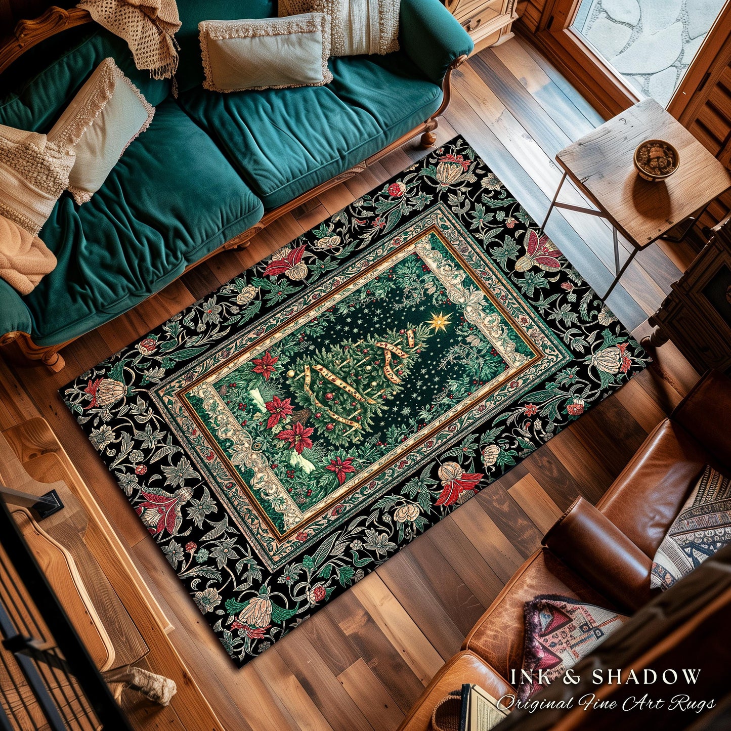 Rustic Festive Holiday Rug | Victorian Style Christmas Tree Floor Art Cozy Festive Decor Cottagecore Winter Floral Border Heirloom Accent