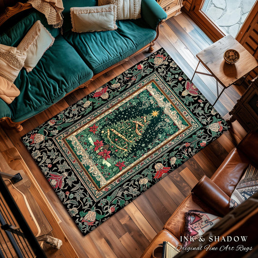 Rustic Festive Holiday Rug | Victorian Style Christmas Tree Floor Art Cozy Festive Decor Cottagecore Winter Floral Border Heirloom Accent