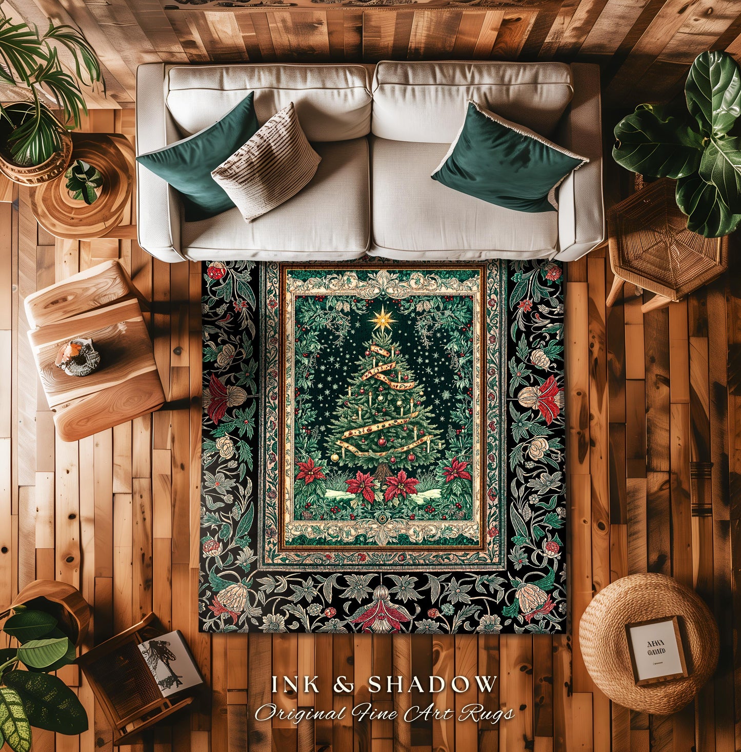 Rustic Festive Holiday Rug | Victorian Style Christmas Tree Floor Art Cozy Festive Decor Cottagecore Winter Floral Border Heirloom Accent