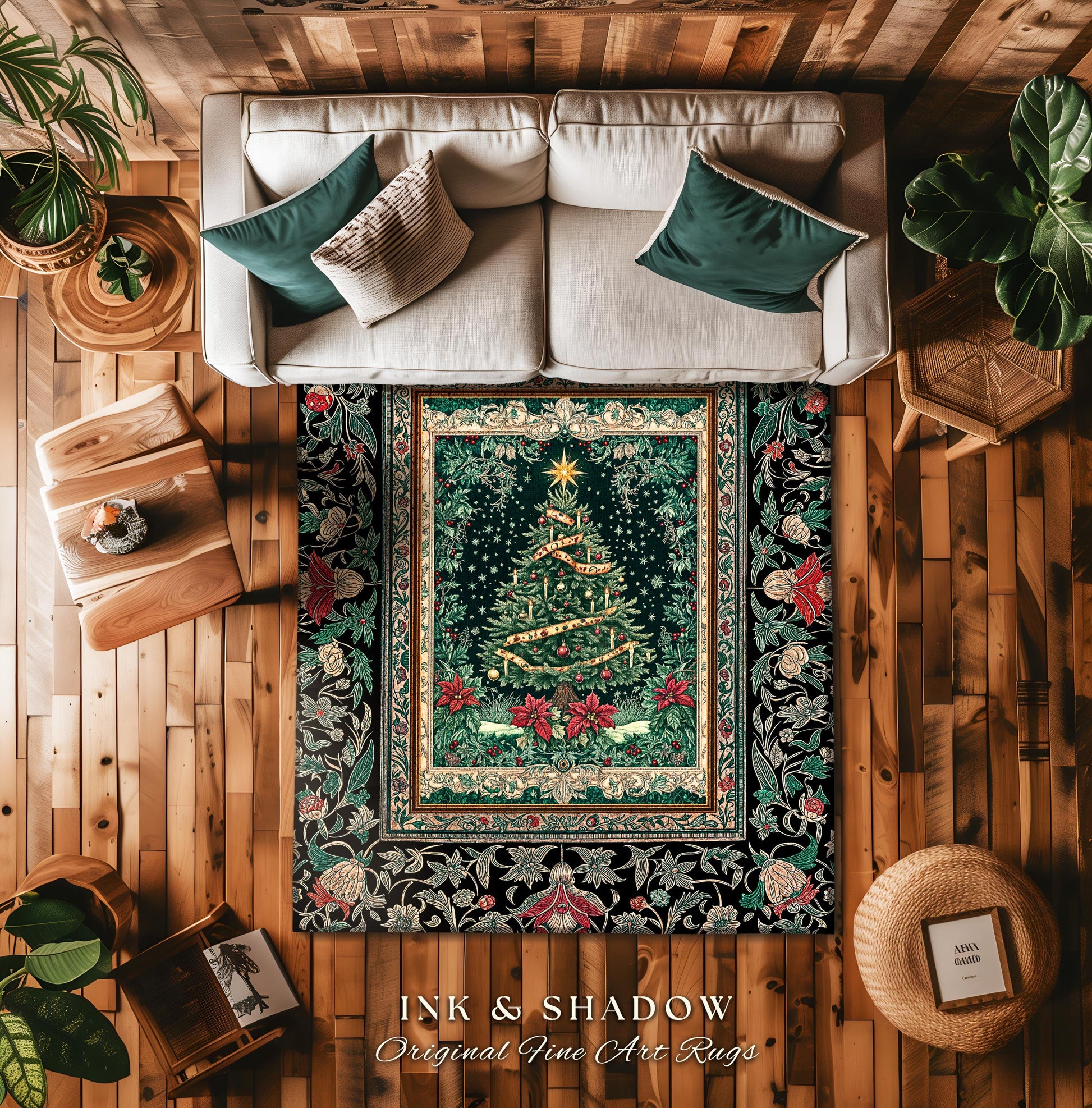 Rustic Festive Holiday Rug | Victorian Style Christmas Tree Floor Art Cozy Festive Decor Cottagecore Winter Floral Border Heirloom Accent