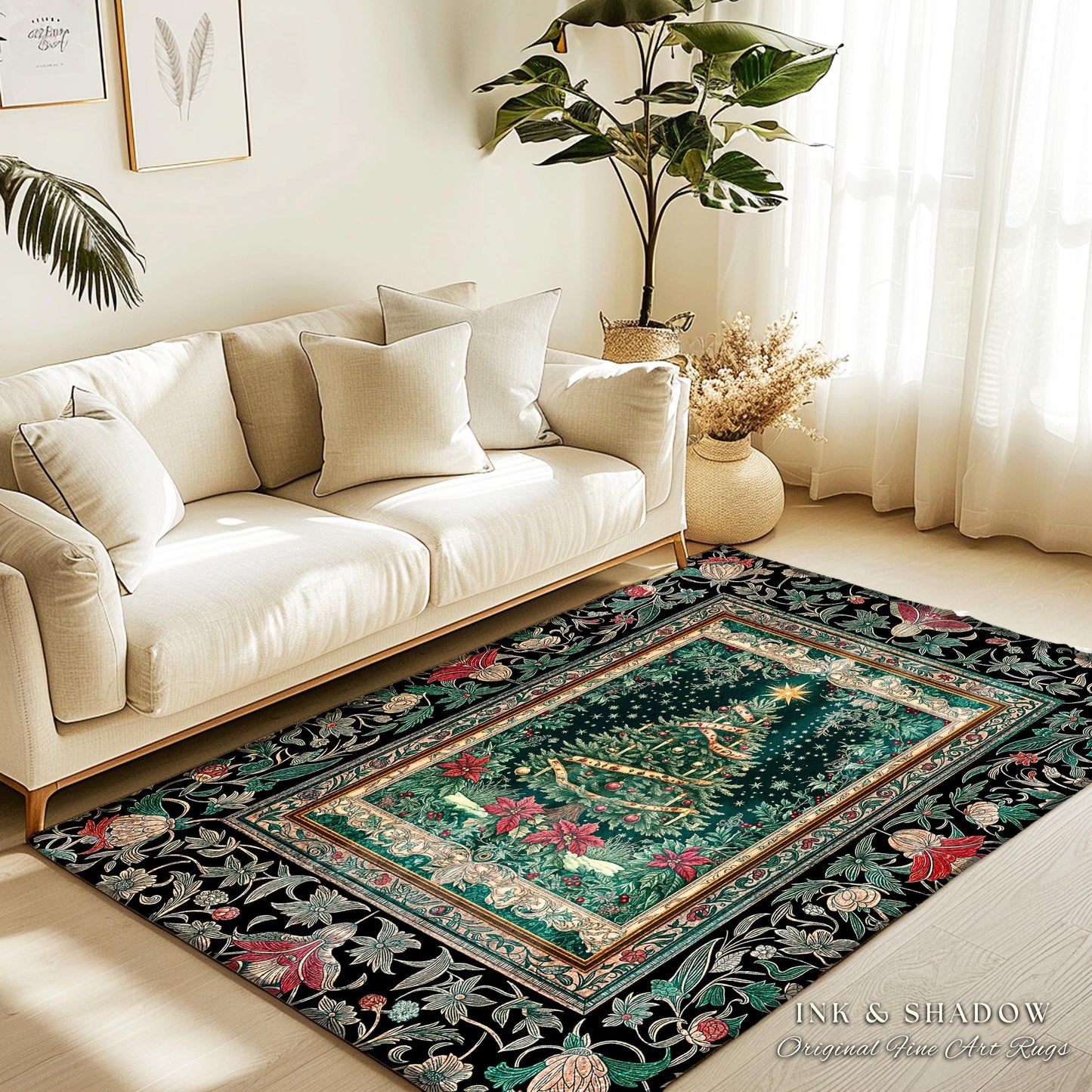 Rustic Festive Holiday Rug | Victorian Style Christmas Tree Floor Art Cozy Festive Decor Cottagecore Winter Floral Border Heirloom Accent
