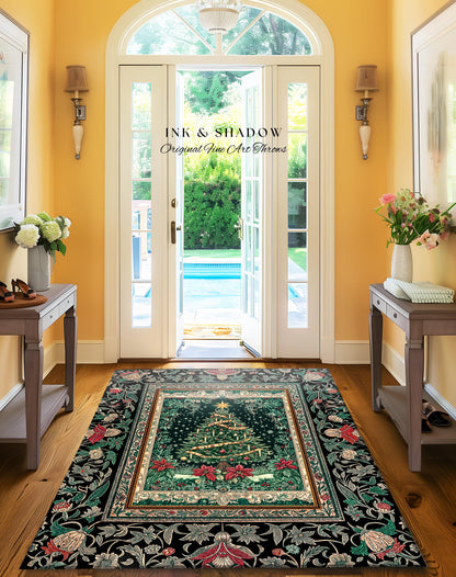 Rustic Festive Holiday Rug | Victorian Style Christmas Tree Floor Art Cozy Festive Decor Cottagecore Winter Floral Border Heirloom Accent