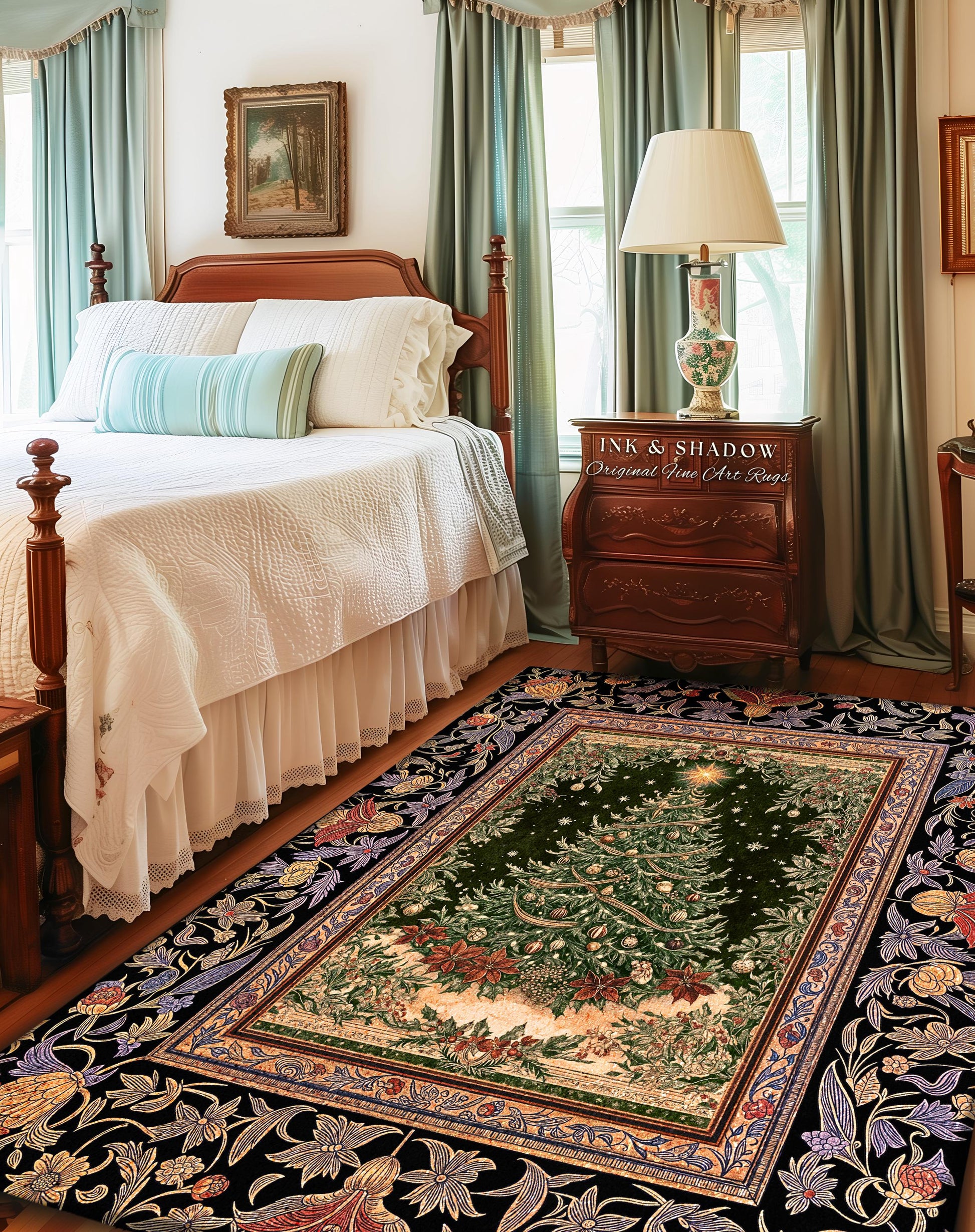 Warm & Cozy Christmas Tree Rug | Festive Vintage Holiday Floor Art Whimsical Winter Decor Decorative Floral Victorian Style Xmas Aesthetic