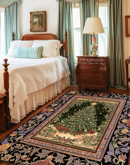 Warm & Cozy Christmas Tree Rug | Festive Vintage Holiday Floor Art Whimsical Winter Decor Decorative Floral Victorian Style Xmas Aesthetic