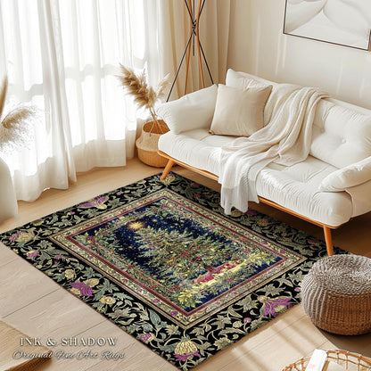 Retro Christmas Tree Ornate Rug | Classic Holiday Floor Art Whimsical Holy Night Decor Vintage Floral Cozy Cottagecore Winter Xmas Aesthetic