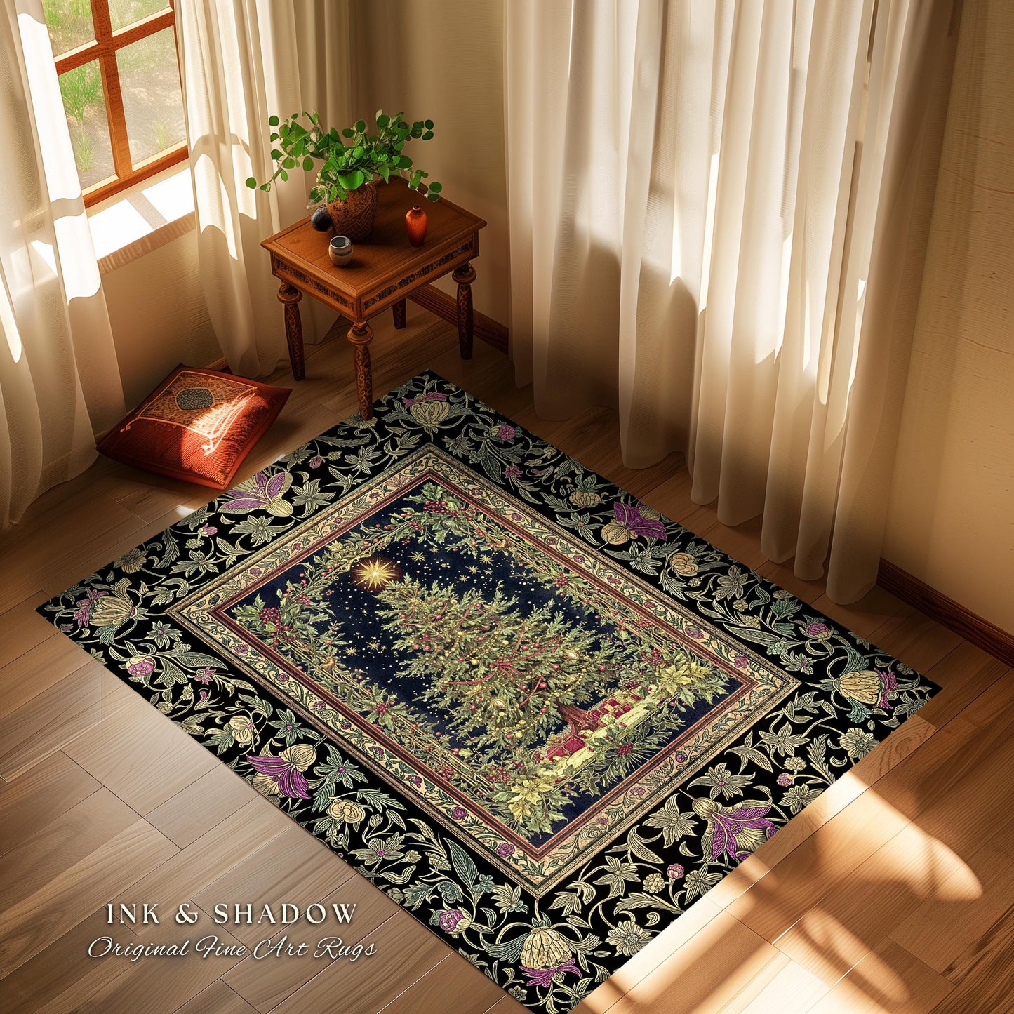 Retro Christmas Tree Ornate Rug | Classic Holiday Floor Art Whimsical Holy Night Decor Vintage Floral Cozy Cottagecore Winter Xmas Aesthetic