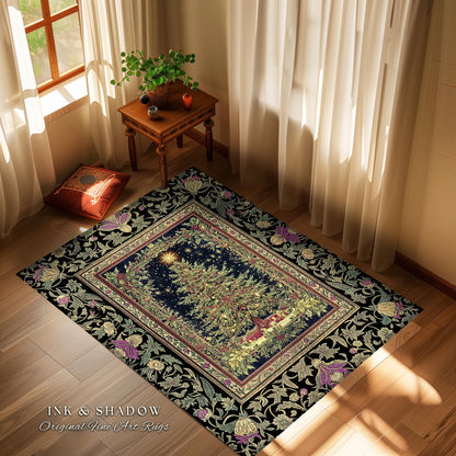 Retro Christmas Tree Ornate Rug | Classic Holiday Floor Art Whimsical Holy Night Decor Vintage Floral Cozy Cottagecore Winter Xmas Aesthetic