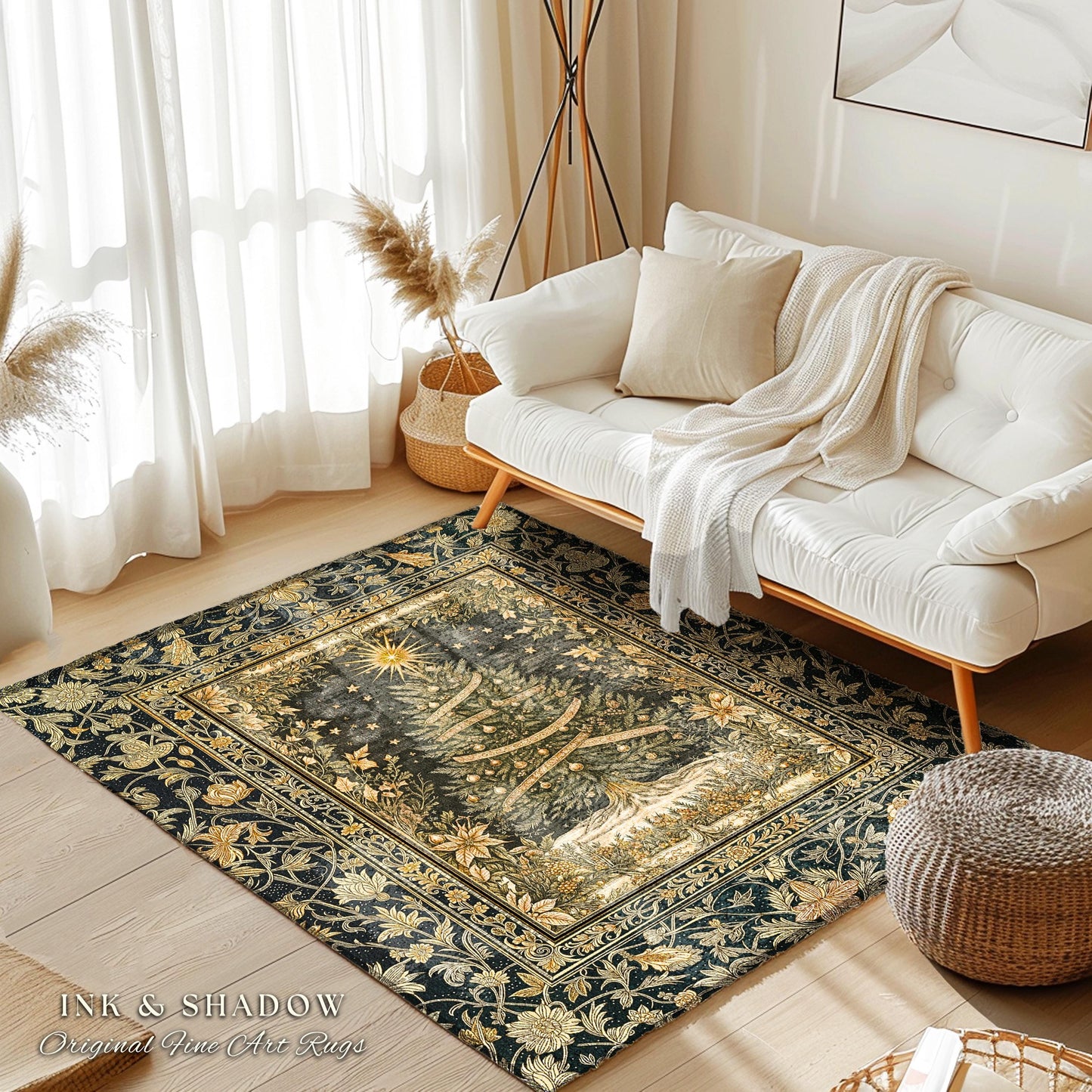 Celestial Wonder Christmas Rug | Cozy Winter Floor Art Cottagecore Tree Accent Rustic Cabin Decor Holiday Vintage Heirloom Xmas Style Gift