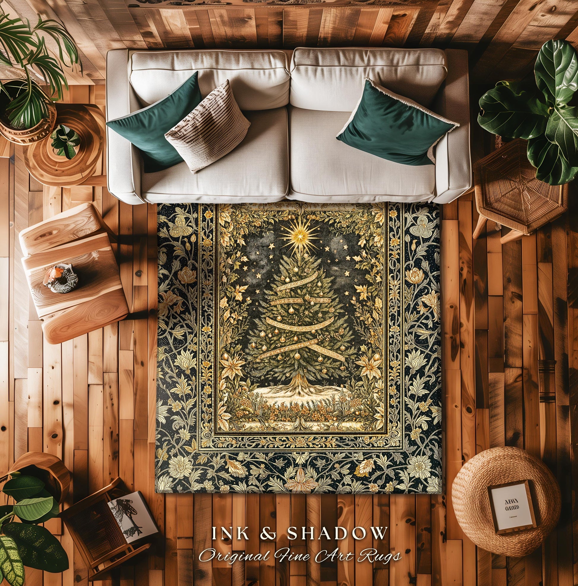 Celestial Wonder Christmas Rug | Cozy Winter Floor Art Cottagecore Tree Accent Rustic Cabin Decor Holiday Vintage Heirloom Xmas Style Gift