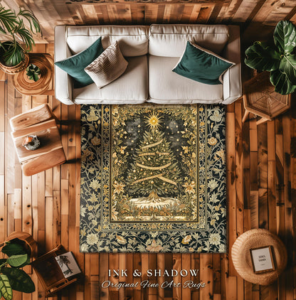 Celestial Wonder Christmas Rug | Cozy Winter Floor Art Cottagecore Tree Accent Rustic Cabin Decor Holiday Vintage Heirloom Xmas Style Gift