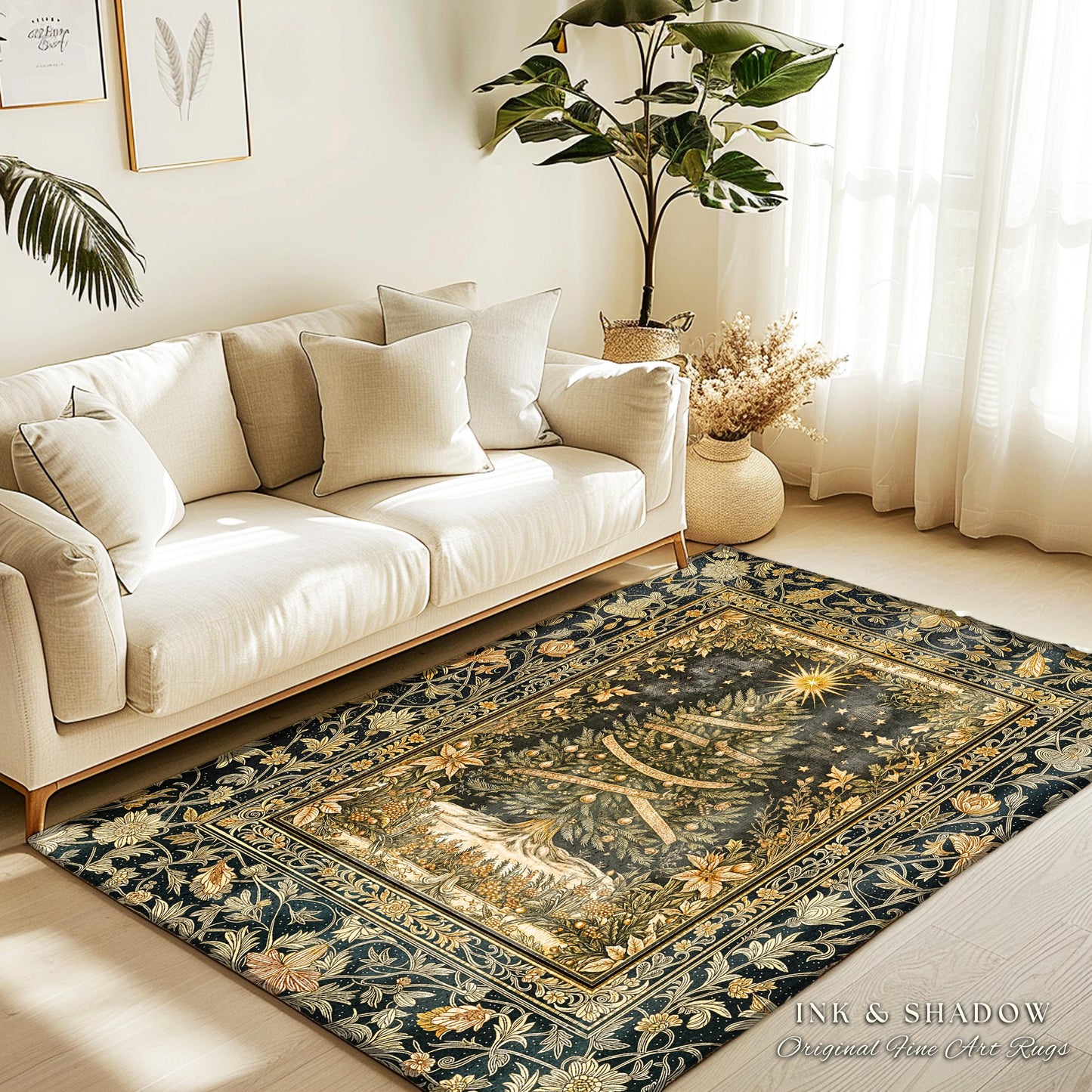 Celestial Wonder Christmas Rug | Cozy Winter Floor Art Cottagecore Tree Accent Rustic Cabin Decor Holiday Vintage Heirloom Xmas Style Gift