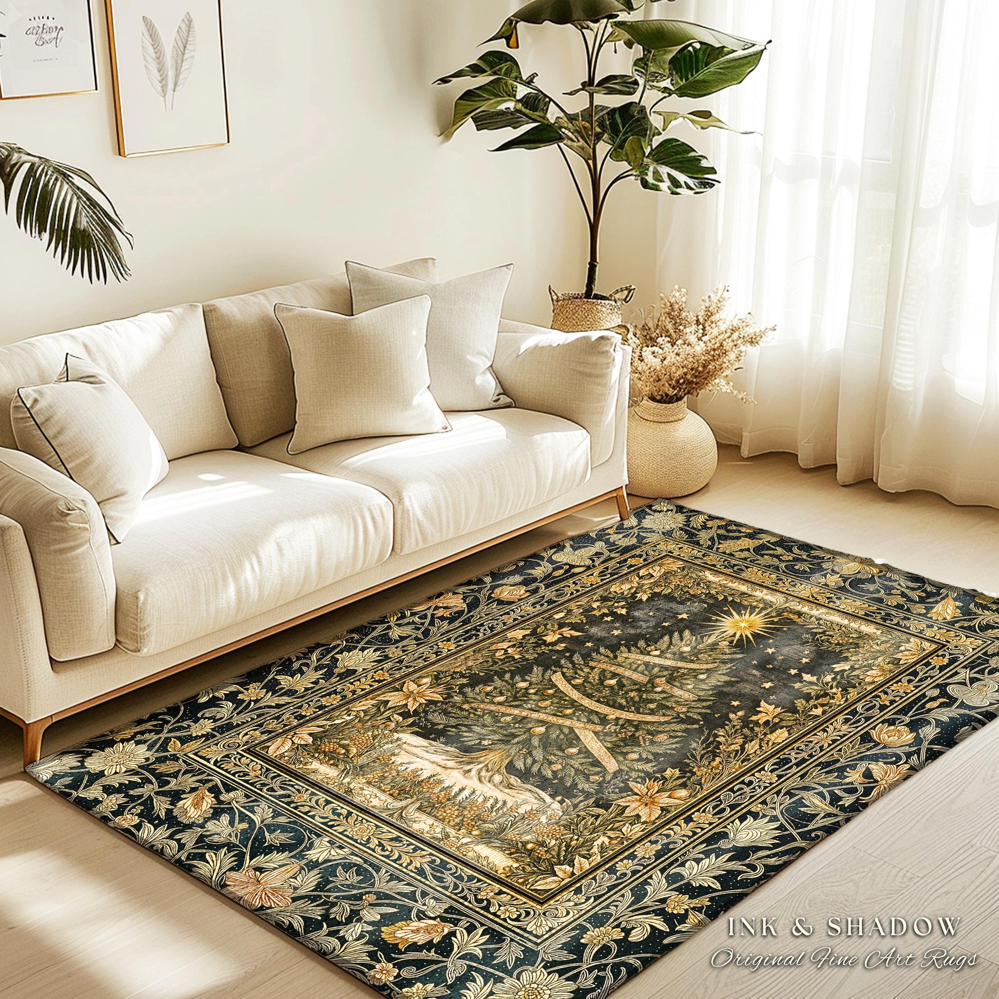 Celestial Wonder Christmas Rug | Cozy Winter Floor Art Cottagecore Tree Accent Rustic Cabin Decor Holiday Vintage Heirloom Xmas Style Gift
