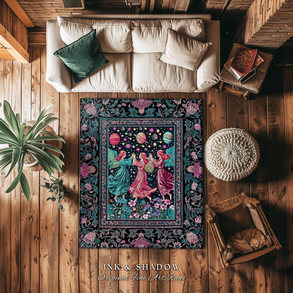 Witchy Celestial Angels Accent Rug | Astrology Inspired Cosmic Bedroom Decor Whimsical Eclectic Home Decor Fairycore Bohemian Jewel Tone |