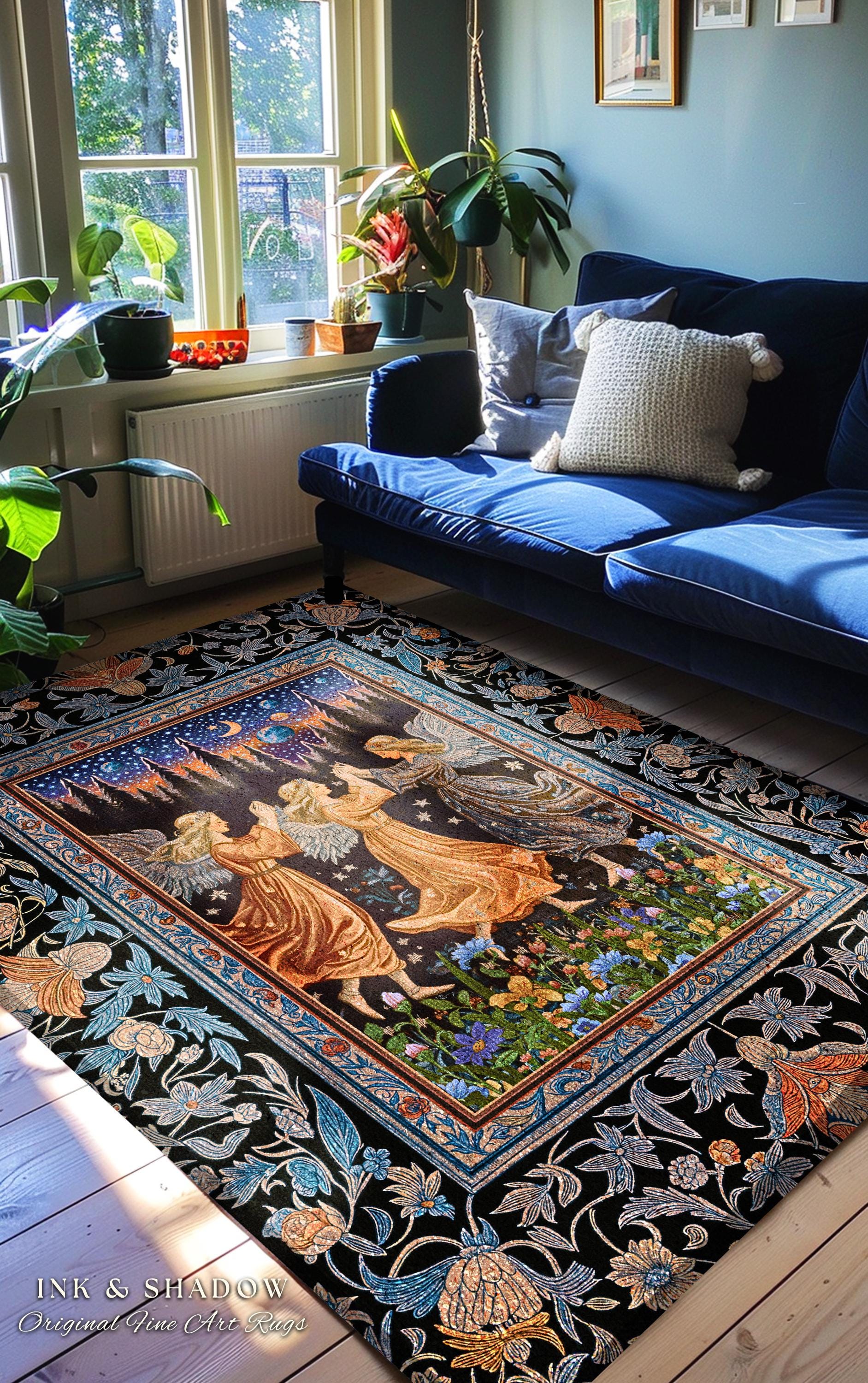 Woodland Folklore Fairies Accent Rug | Medieval Moonlit Bohemian Dreamy Spirits Midsummer Aesthetic Dark Academia Bedroom Decor Whimsical |