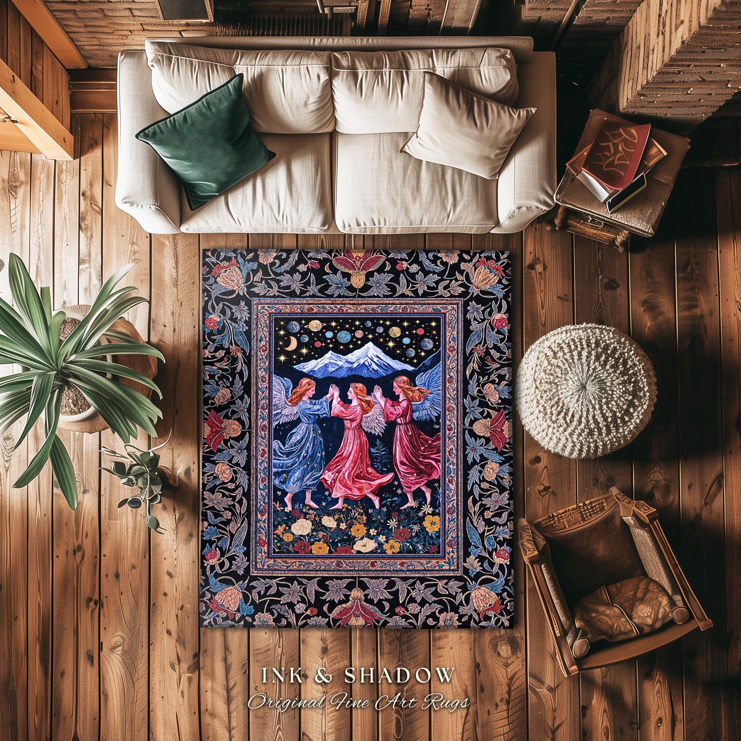 Mountain Fairies Magical Area Rug | Whimsical Scandinavian Folklore Jewel Tone Bedroom Medieval Angel Aesthetic Celestial Woodland Style |
