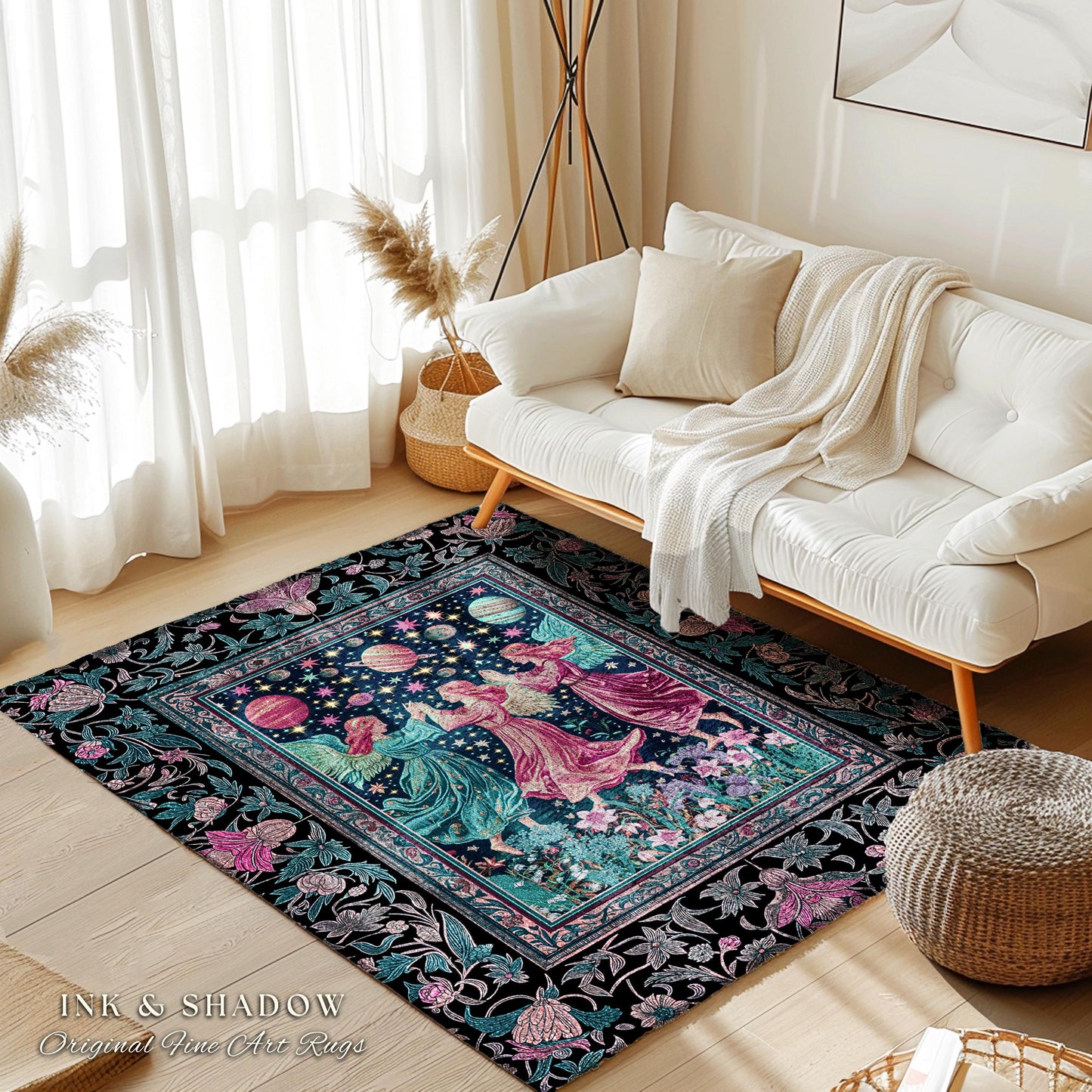 Witchy Celestial Angels Accent Rug | Astrology Inspired Cosmic Bedroom Decor Whimsical Eclectic Home Decor Fairycore Bohemian Jewel Tone |