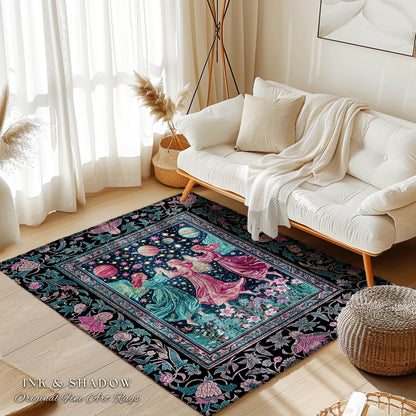 Witchy Celestial Angels Accent Rug | Astrology Inspired Cosmic Bedroom Decor Whimsical Eclectic Home Decor Fairycore Bohemian Jewel Tone |