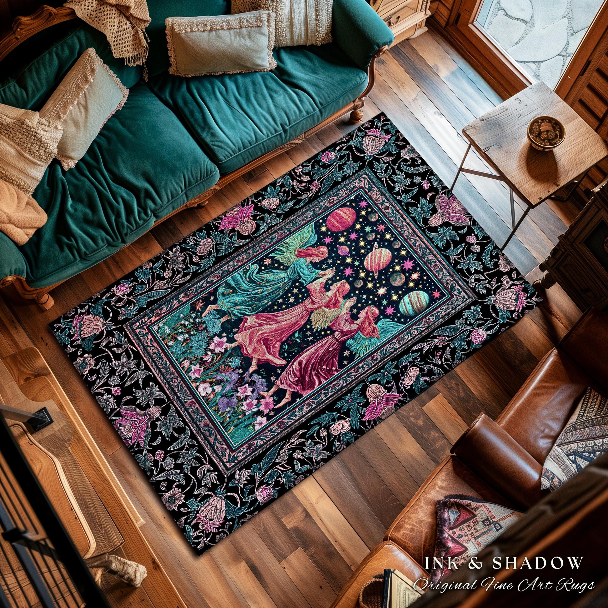 Witchy Celestial Angels Accent Rug | Astrology Inspired Cosmic Bedroom Decor Whimsical Eclectic Home Decor Fairycore Bohemian Jewel Tone |